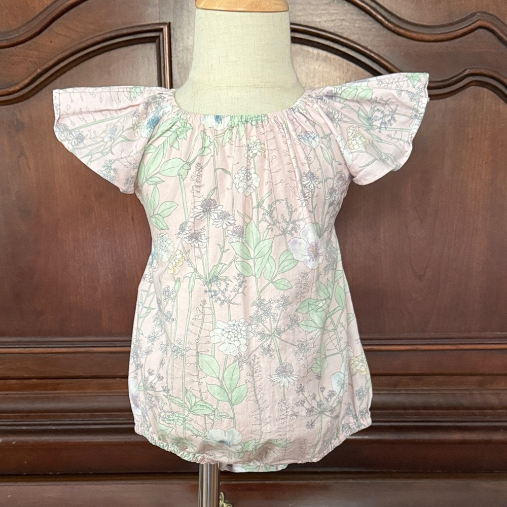 From J Floral Bubble Romper Baby Girl Flutter Sleeve Cottagecore Pink Green